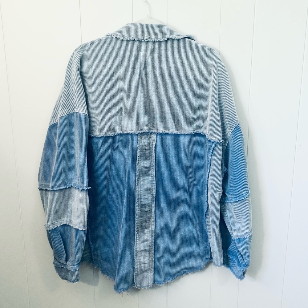 POL Corduroy Patchwork Shirt Shacket 100% Cotton Oversized Blue Unique Medium - Picture 4 of 5